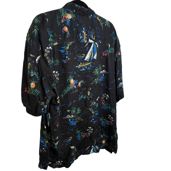 Vintage 90s Hawaiian Shirt Men’s XLBlack Sailboat Palm Tree Tropical Floral - Picture 2 of 3